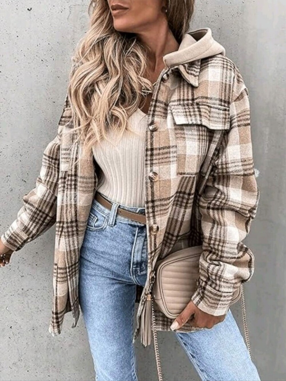 Women's Plaid Hooded Lightweight Shirt Jacket, Spring & Autumn Casual